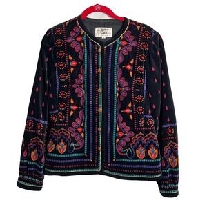 Vintage Saxton Hall Womens Japanese Velvet Jacket Size 10 Black Print Ornate